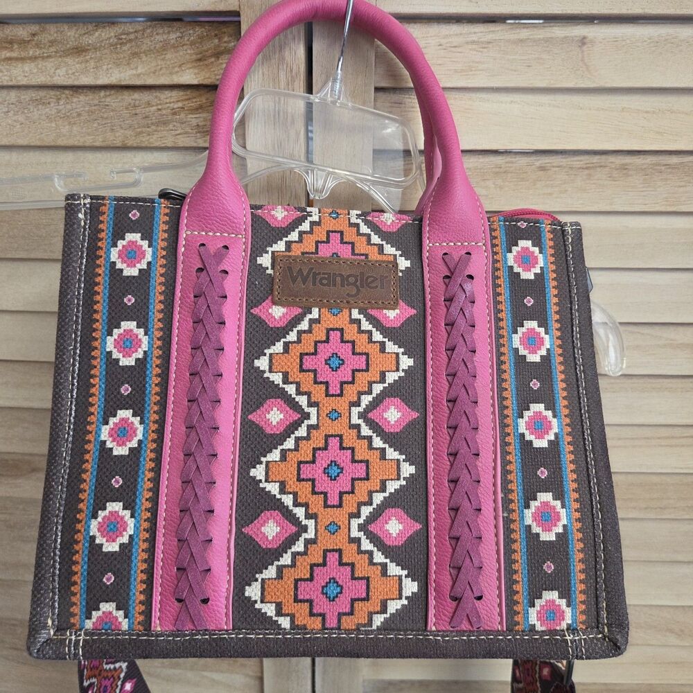 Wrangler Southwestern Aztec Canvas Tote Bag Crossbody Pink Brown Purse Cowgirl